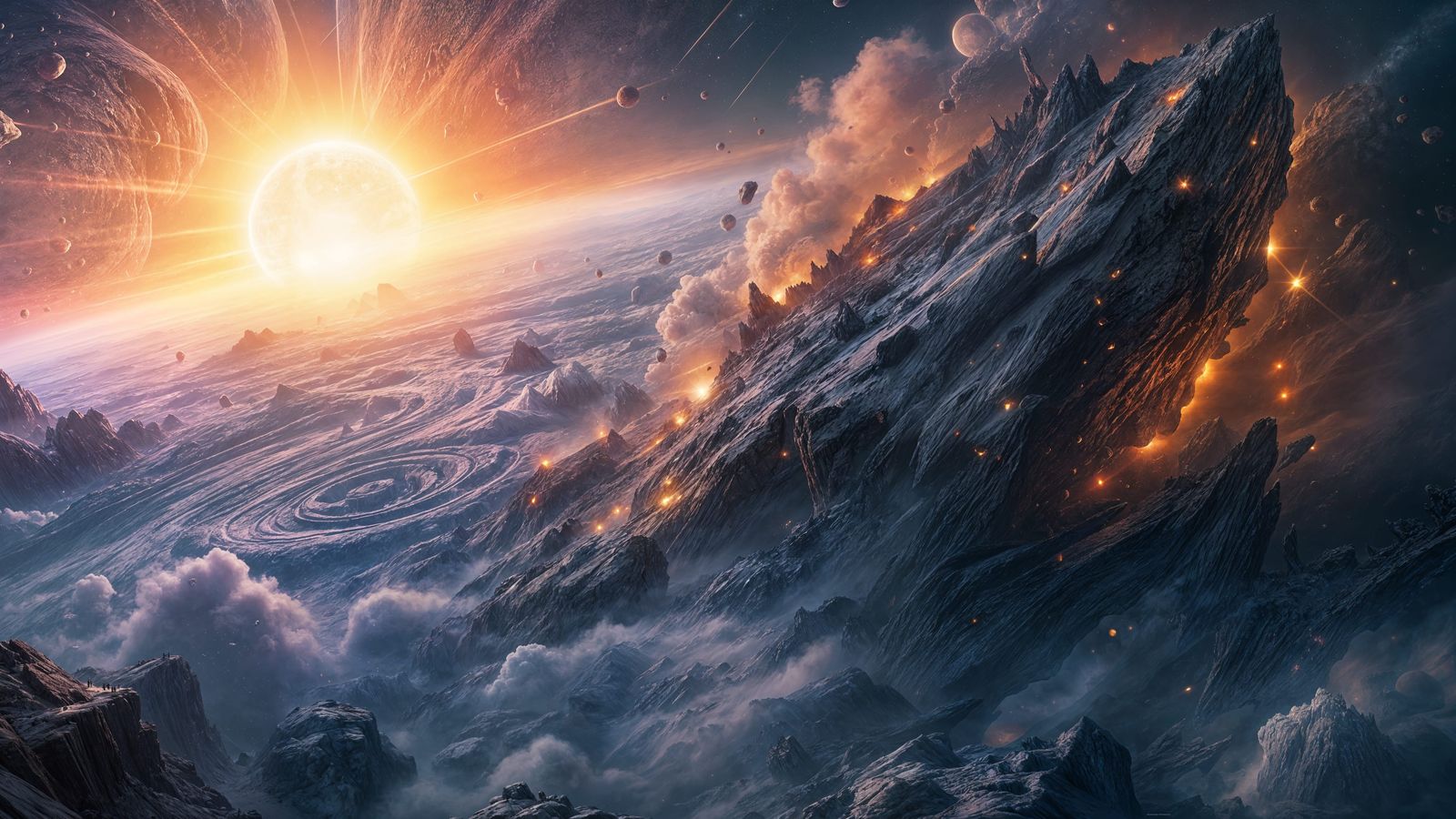 Shattered Planet with Meteorites in Deep Space