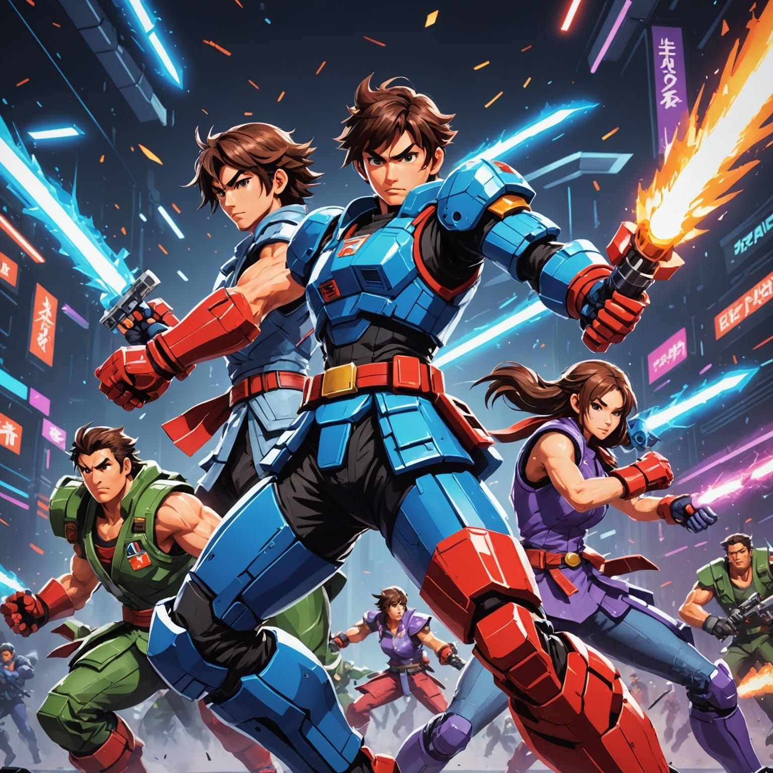 Retro Game Cover: Pixelated Fighters in Anime Style