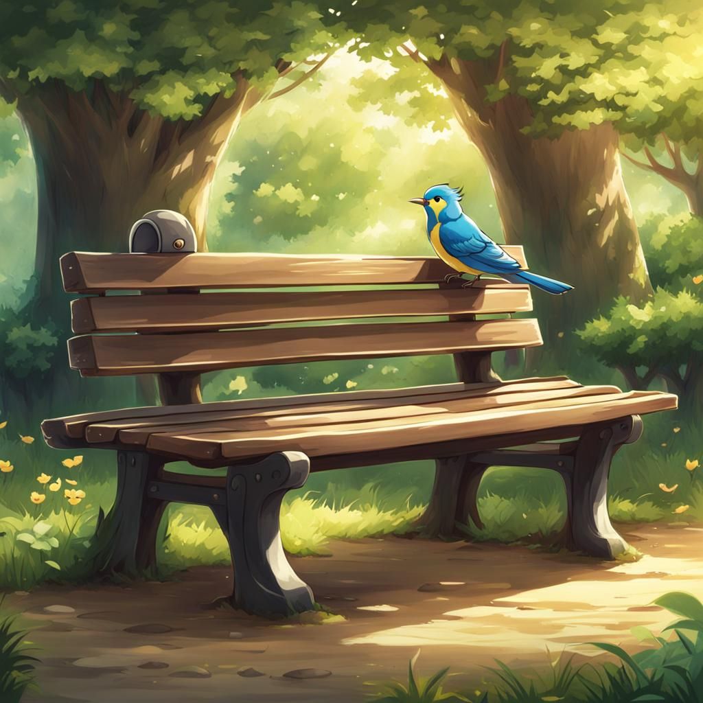 Cute Bird on Bench in Anime Style