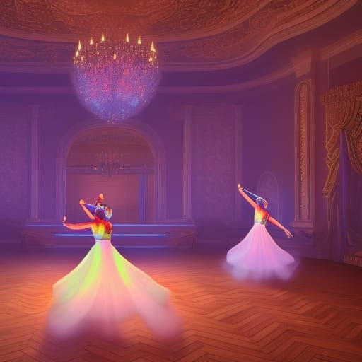 Elegant Ballroom with Masked Dancers in Volumetric Lighting