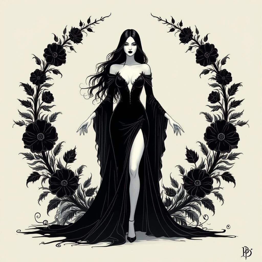 Lady Death With Black Dream Flowers, Mystical Gothic Art