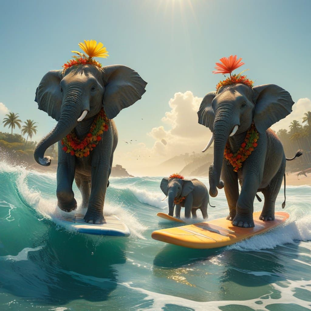 Happy Elephants Ride Surfboards in Vibrant Tropical Paradise