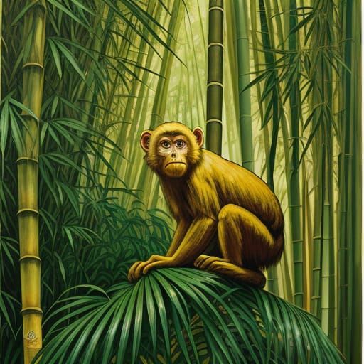 Golden Monkey in Bamboo Forest Oil Painting