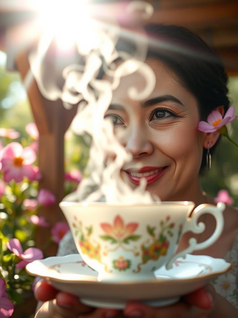 Serene Tea Cup Scene in Whimsical Style