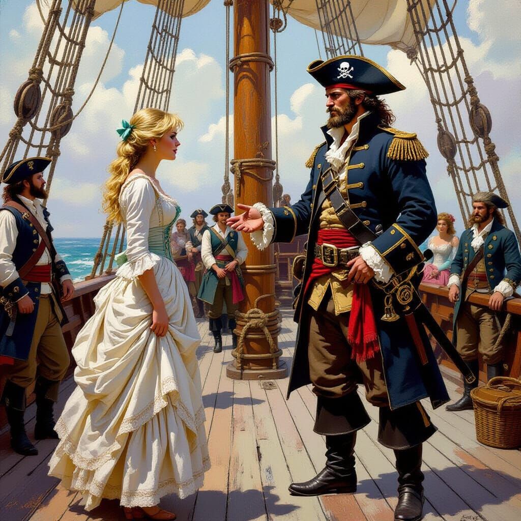 Regency Woman Confronts Pirate Captain on Ship Deck