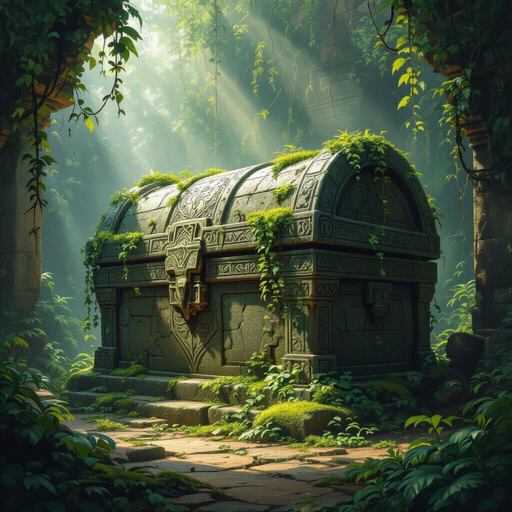 Ancient Stone Chest in Overgrown Jungle Temple