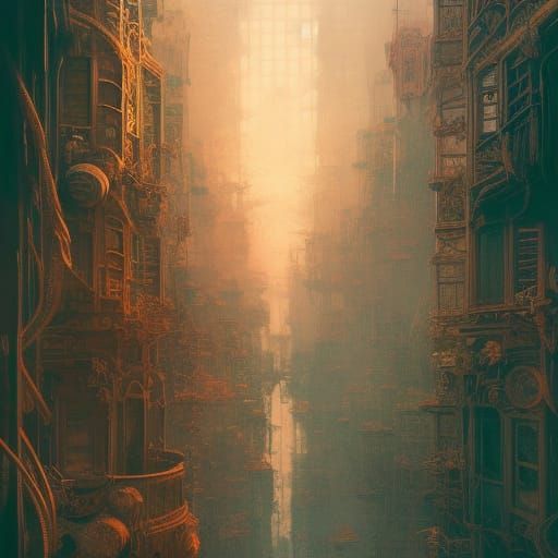 Steampunk Penthouse Interior with Artist, Detailed Rococopun...