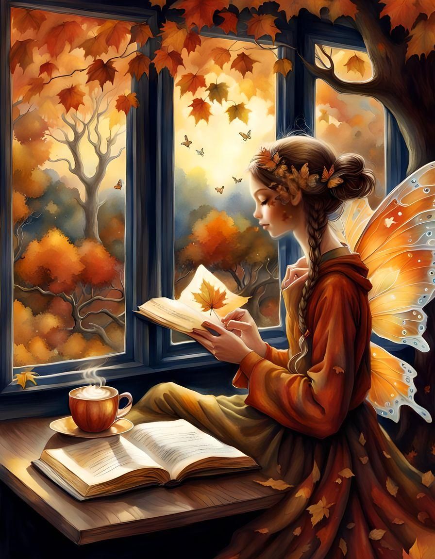 Autumn Fairy Enjoying Latte and Reading