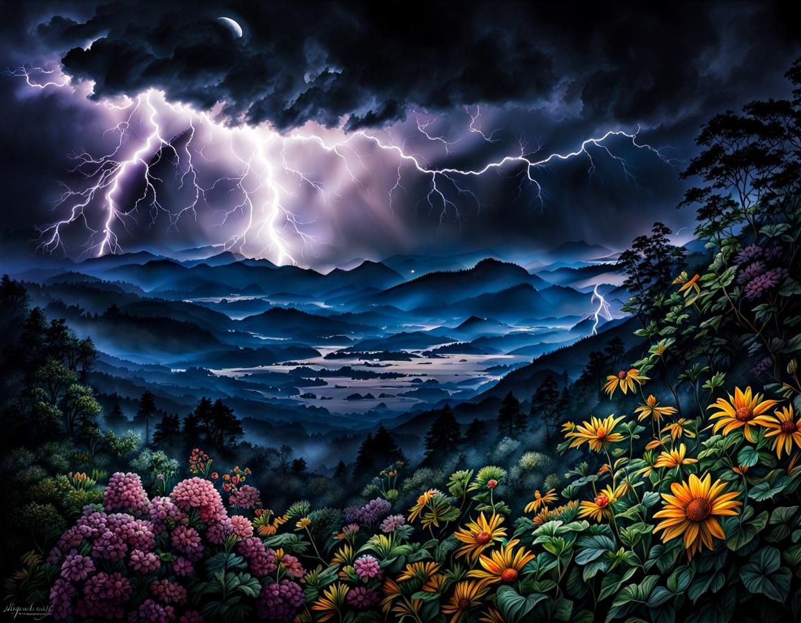 Moonlit Mountains and Vines in Watercolor Style