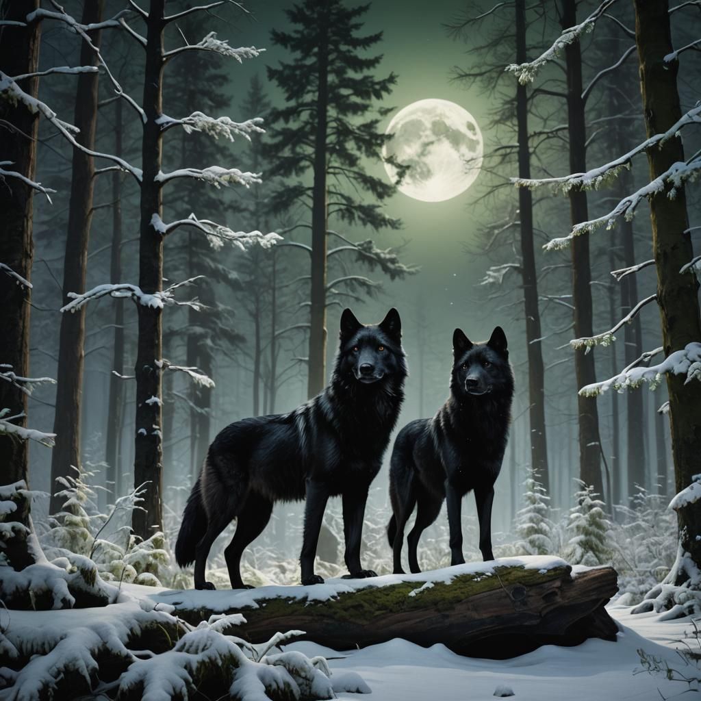 Wolf and Dog in Forest, Digital Painting Style