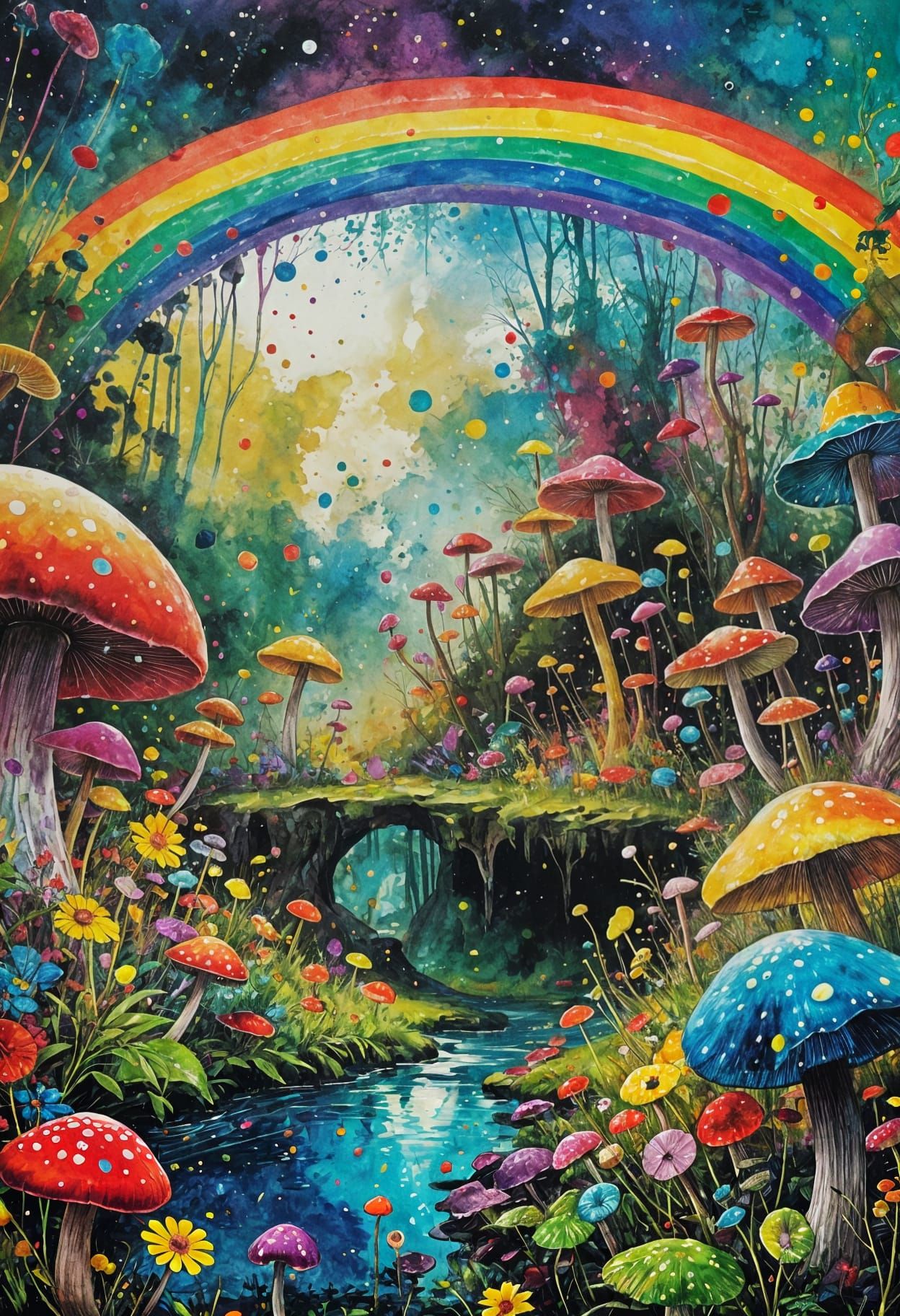 Rainbow Mushroom Kingdom in Ink Splatter Art
