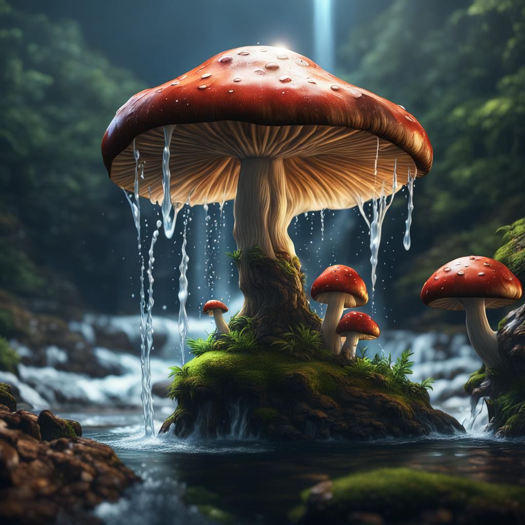 Fantastical Waterfall Mushroom in Detailed Digital Painting