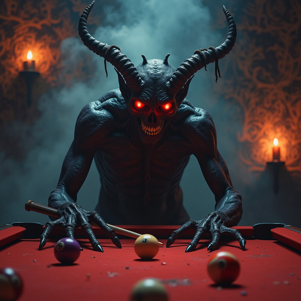 Demonic Pool Player in Dark Surrealist Style