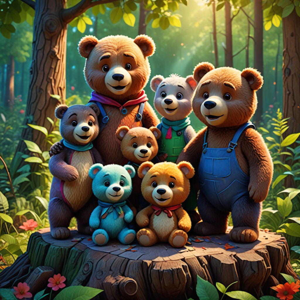 Colorful Teddy Bear Family in Whimsical Forest Setting