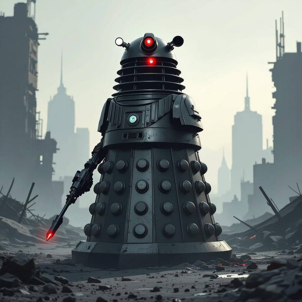Menacing Dalek in War-Torn Cityscape Concept Art