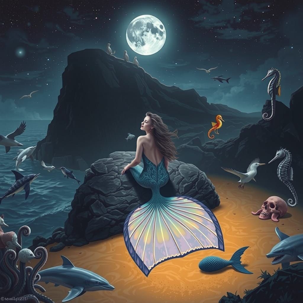 Elegant Mermaid at Lava Wall Under Moonlight