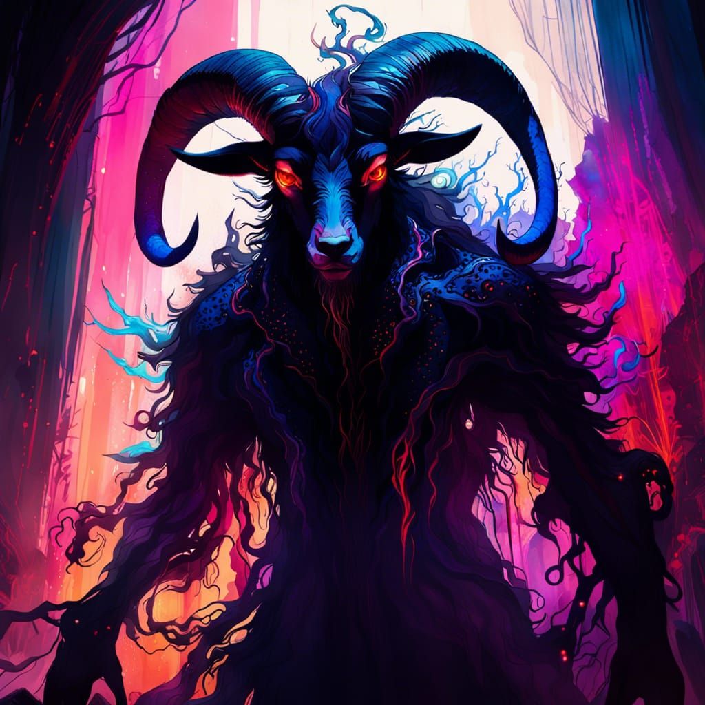 Shadow Monster Ink Art with Goat Eyes