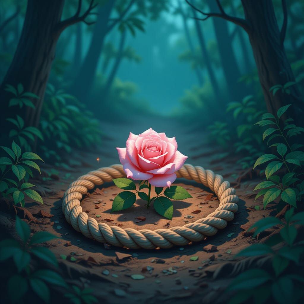 Pink Rose Amid Forest Foliage, Dreamlike Illustration