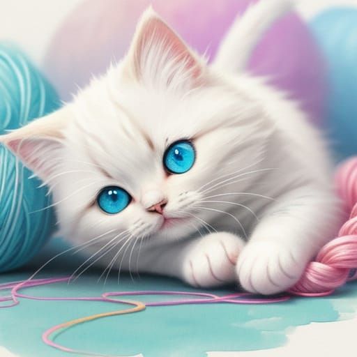Adorable Cat Plays with Yarn in Watercolor Style