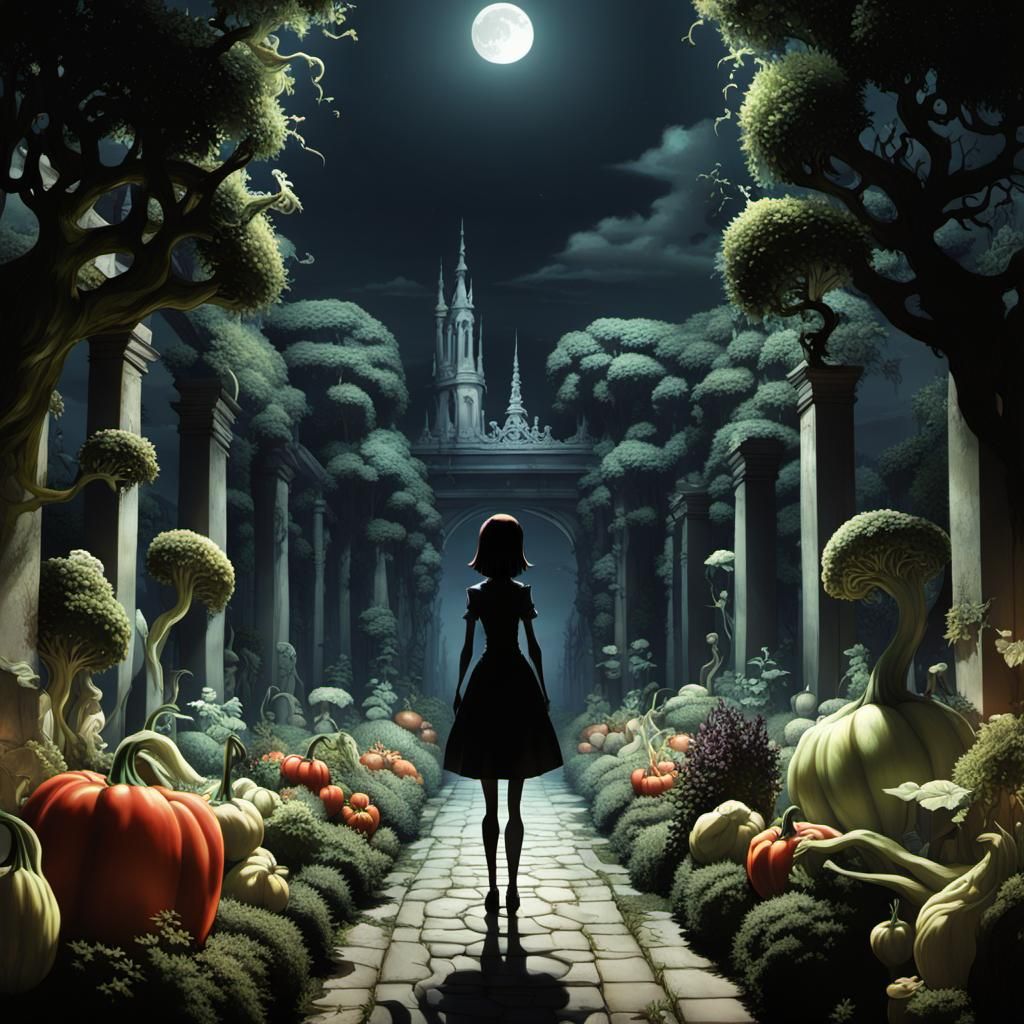 A single girl wanders through a nightmarish garden (Pixiv 3DCG style). Cast-plaster vegetables, grotesque and contorted,...