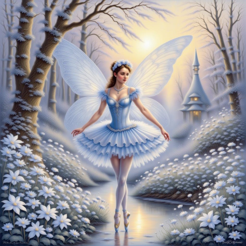 Whimsical Ballerina Fairy Amidst Forget-Me-Not Blooms in Abs...