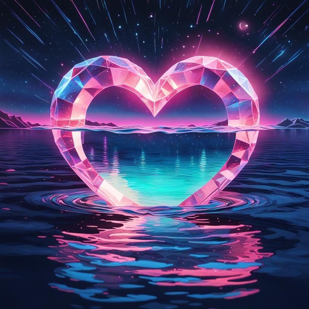 Crystal Heart in Neon Synthwave Dreamscape