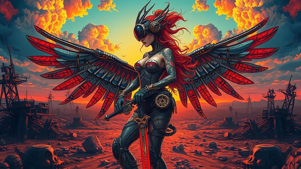 Steampunk Gothic Mech Warrior in Wasteland Sunset