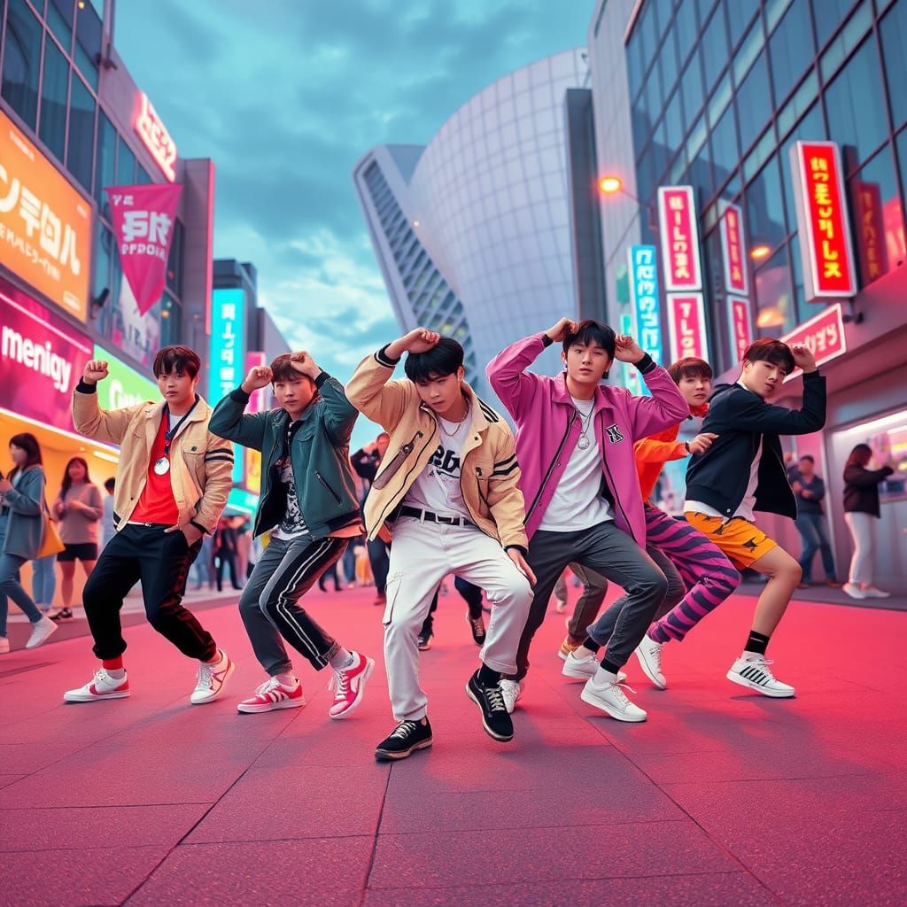 K-Pop Boys Dancing in Neon City Streets