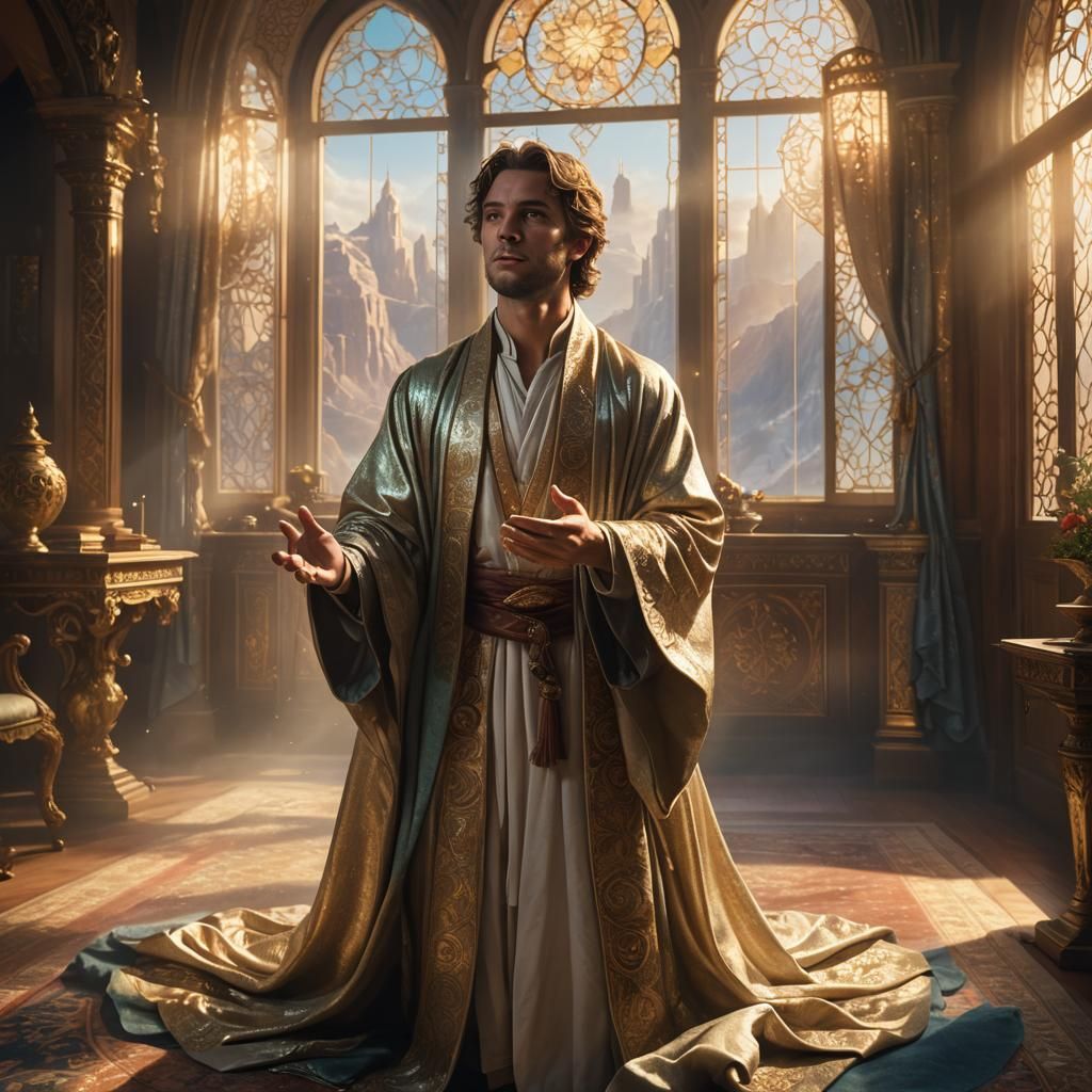 Young Prophet Daniel Praying in Luxurious Room