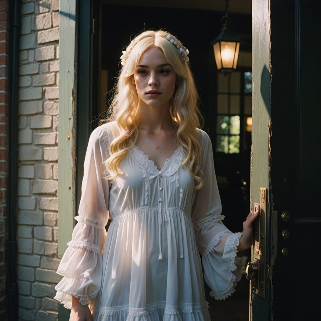 Cinematic Film Still: Young Person in Babydoll Nightgown