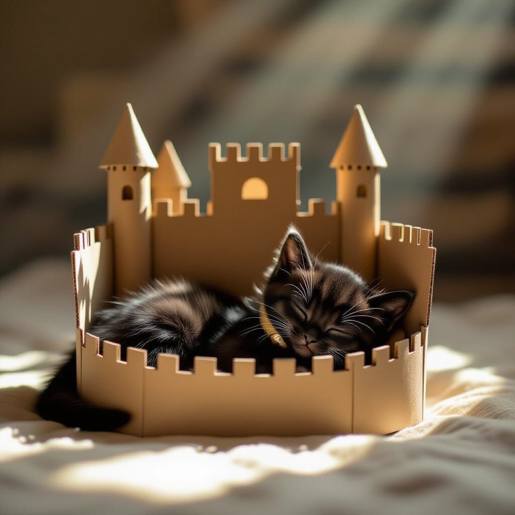 Miniature Kitten in Cardboard Castle: Macro Photography
