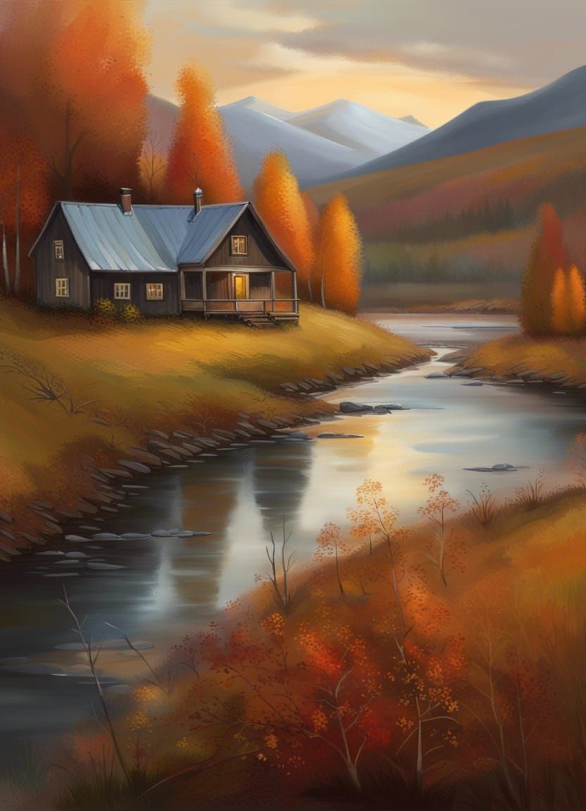 Scandinavian Autumn River Bend with Distant Mountains