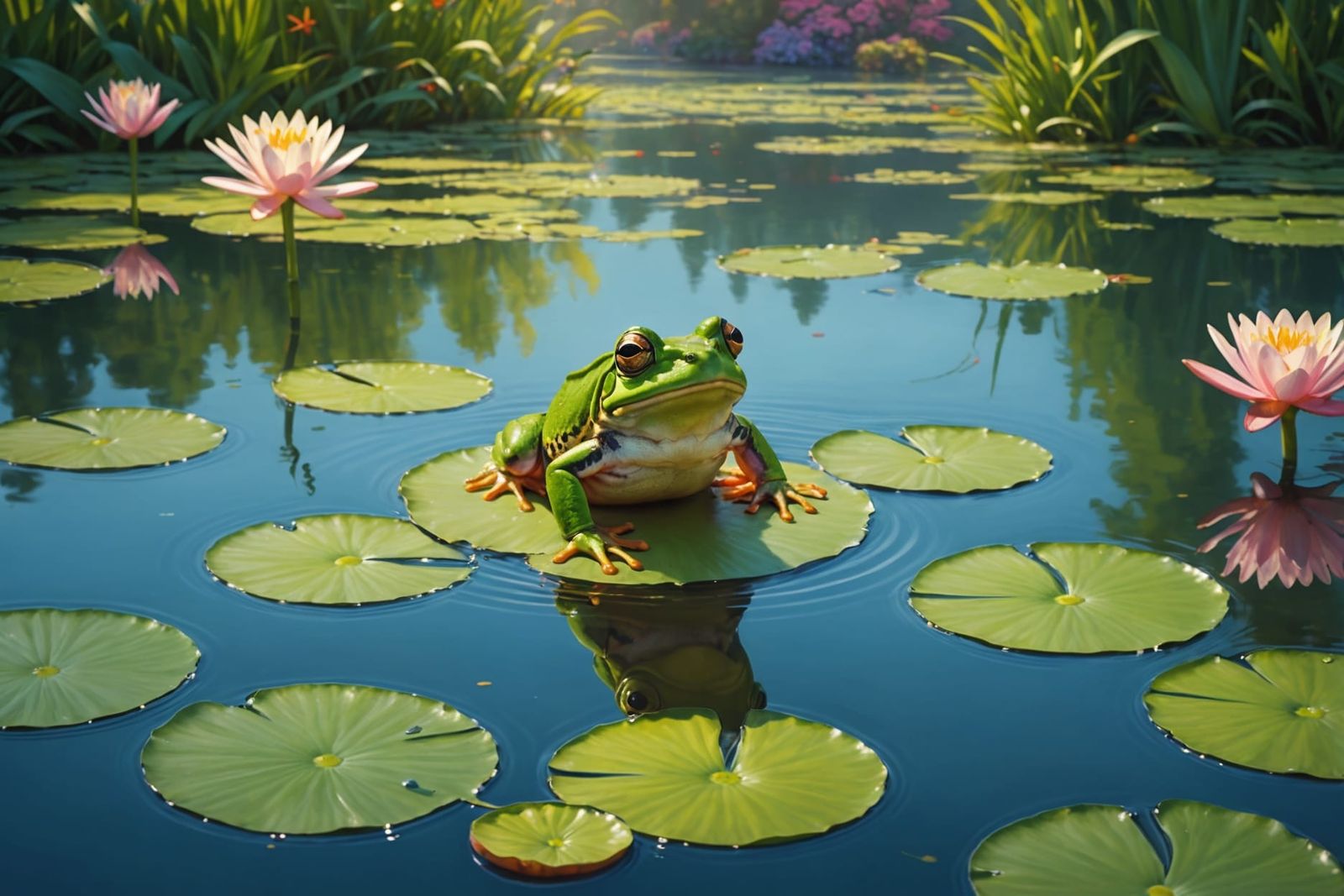 Frog's Leap: Impressionistic Pond Scene in Digital Art