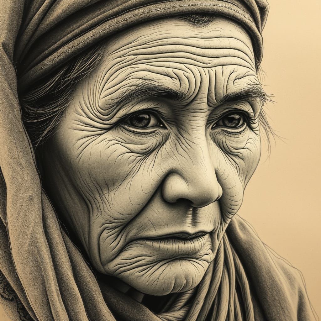 Detailed Portrait of Mongolian Woman in Sketch Style
