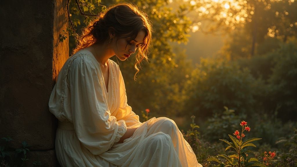 Serene Mythological Figure in Golden Hour Light