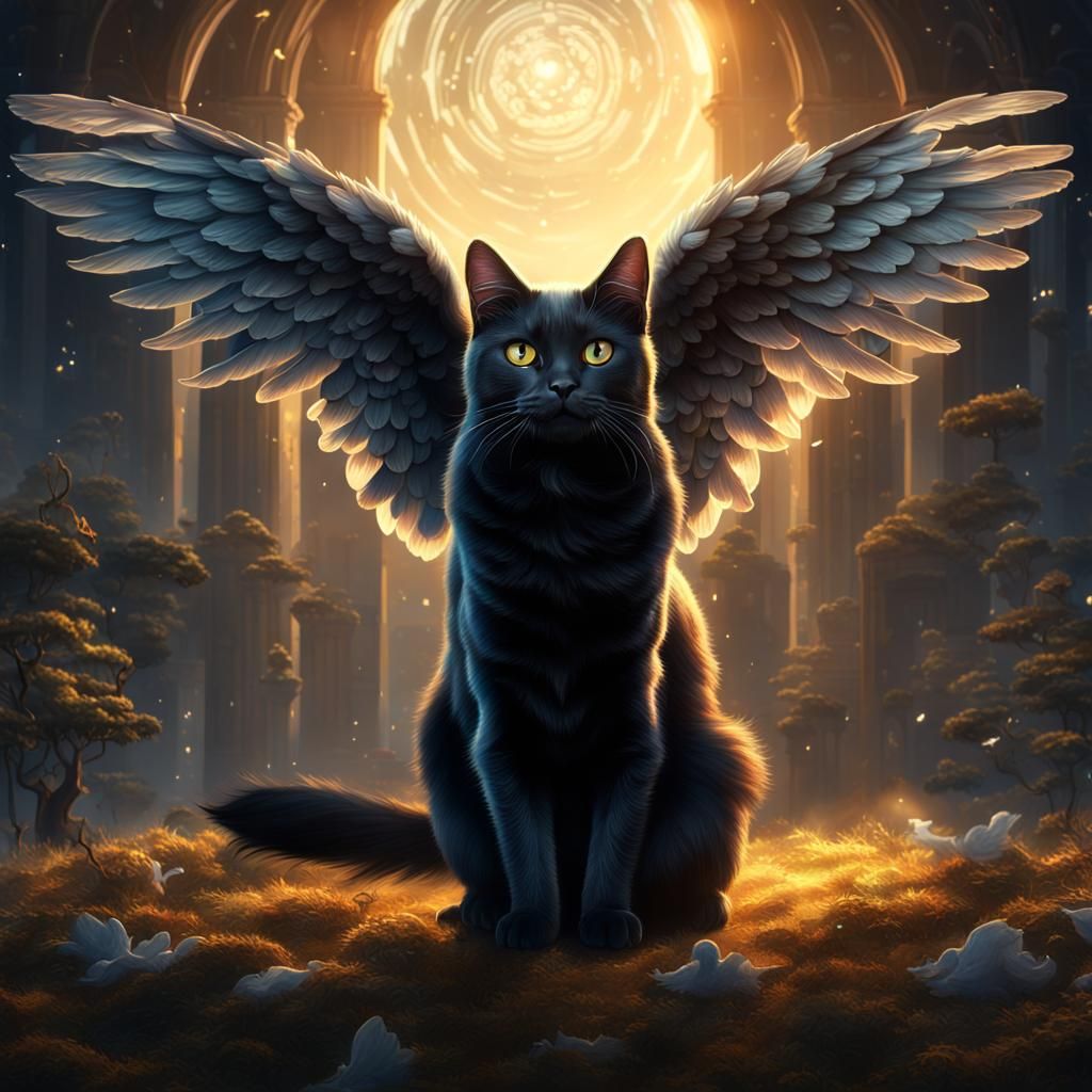 Angel Cat Ascending to Heaven in Digital Painting