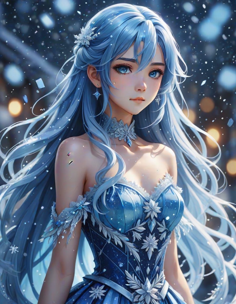 Anime Portrait of a Blue-Haired Woman in Snow