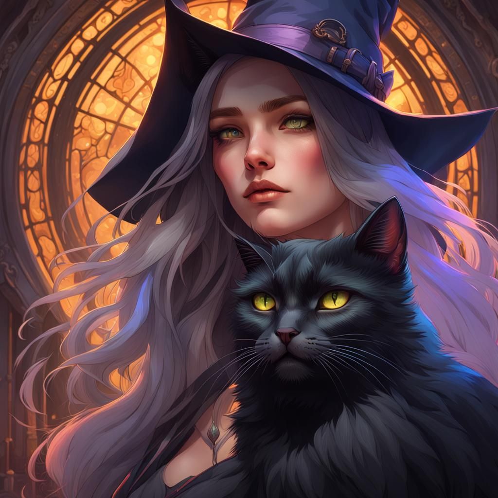 Beautiful Witch with Black Cat Portrait