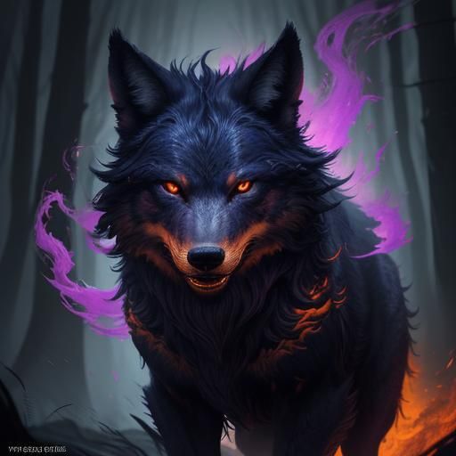 Fiery Wolf Prowls Mystical Forest: Digital Matte Painting