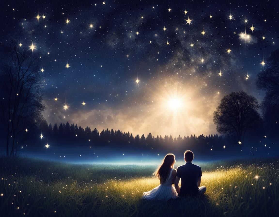 Romantic Night Meadow Under Sparkling Stars