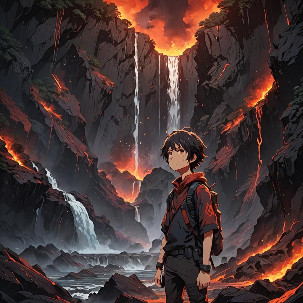 Anime Survivor Gazing at Lava Waterfall