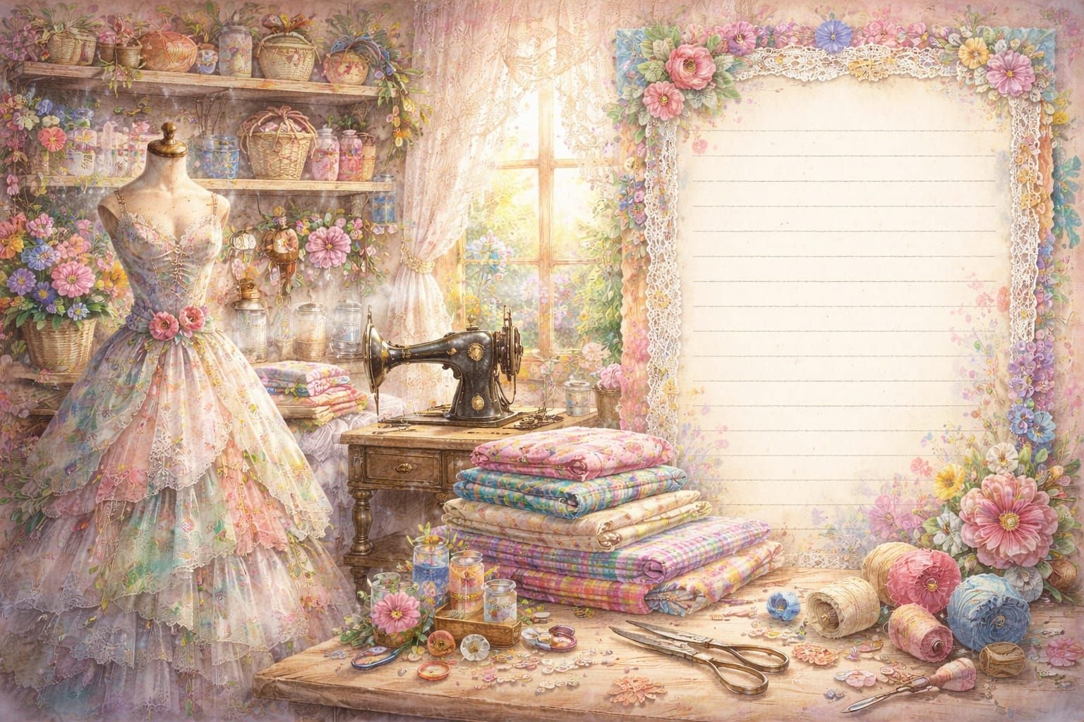 1800s Seamstress Workroom in Pastel Watercolor Style