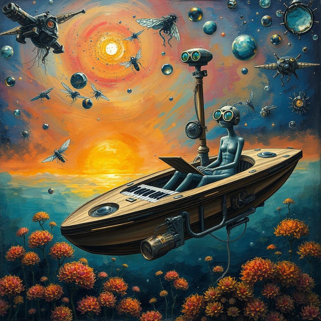 Whimsical Spaceship Sails Through Sunset Galaxy in Glass For...