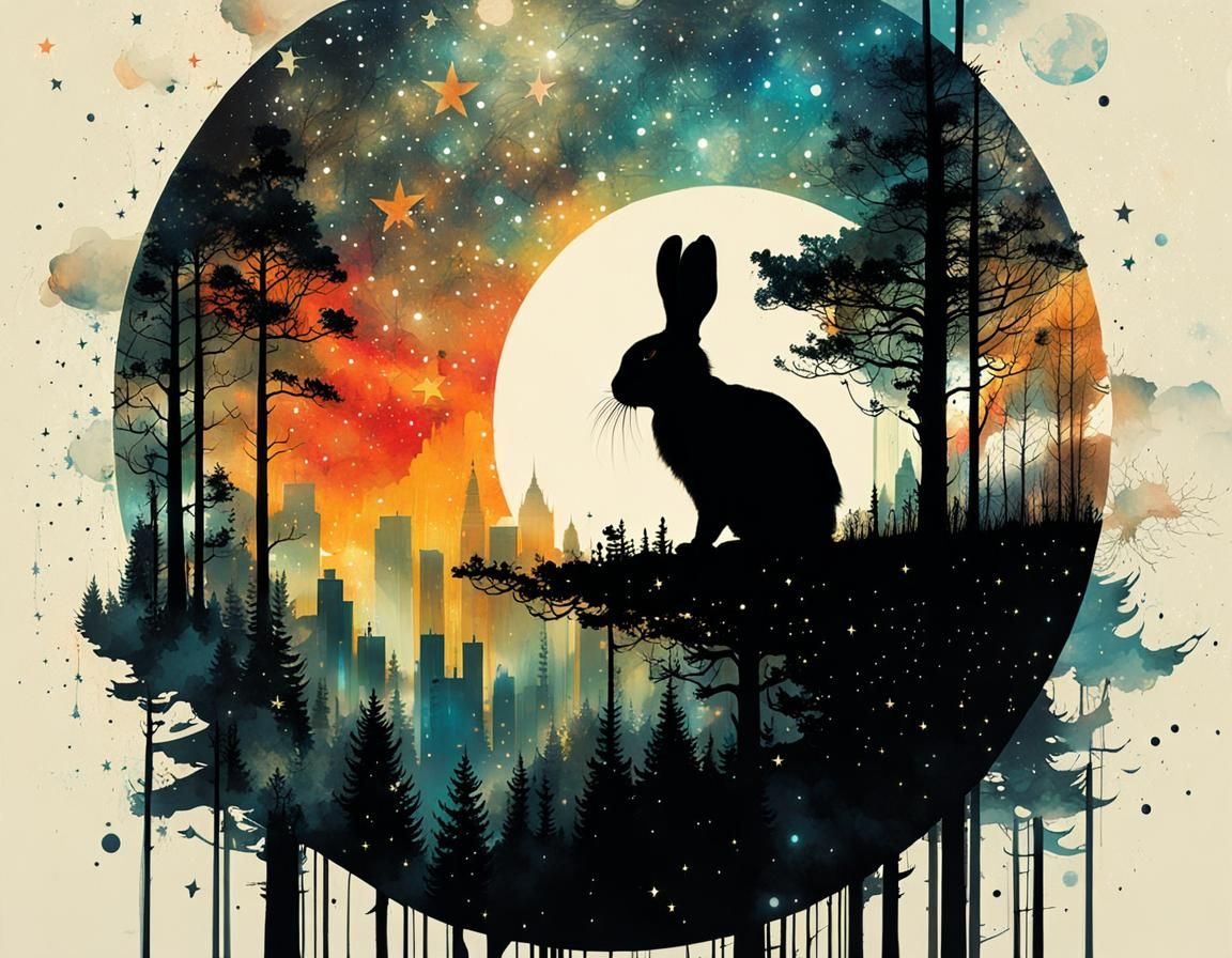 Silhouette Rabbit in Double Exposure Art