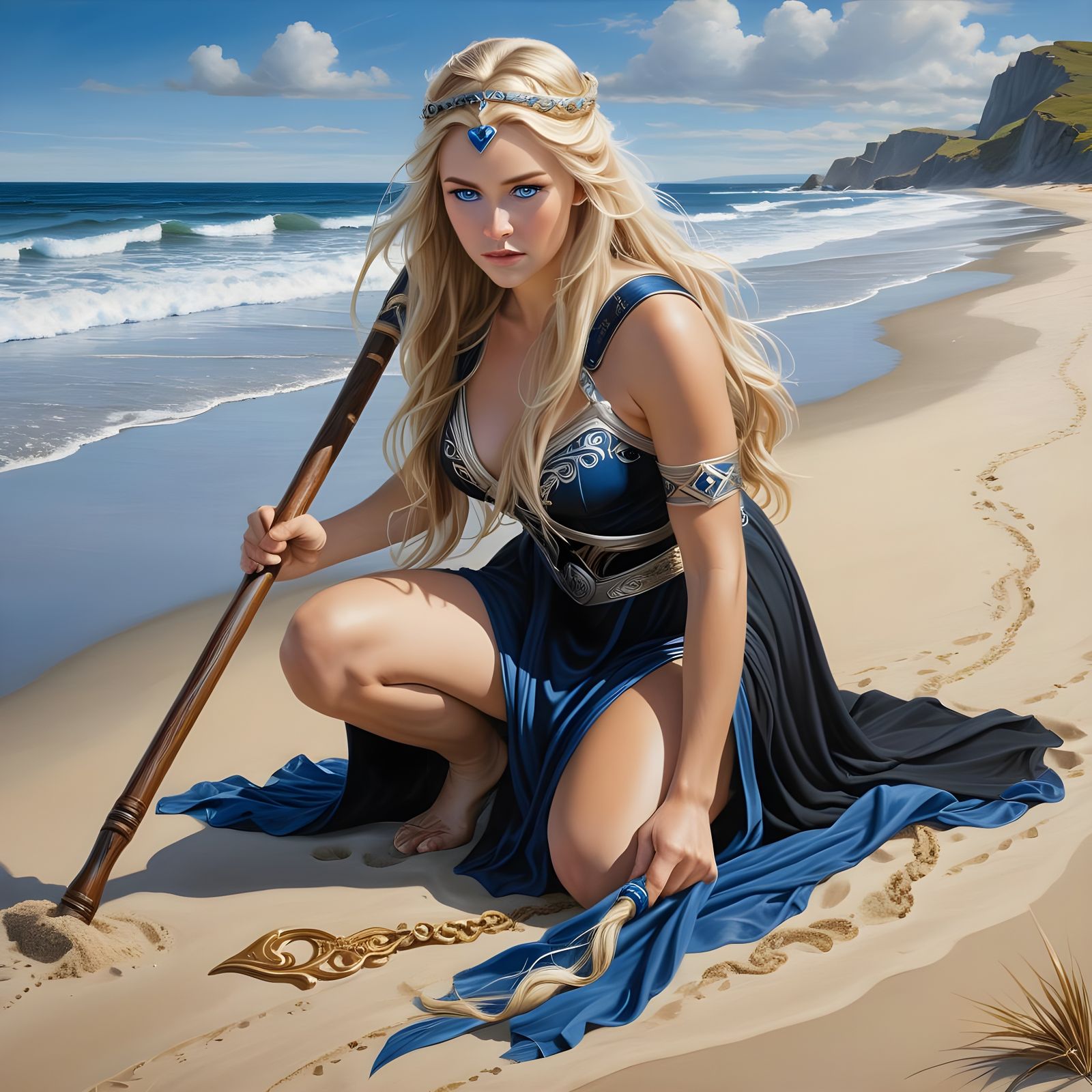 Norse Goddess on Sandy Beach: Epic Oil Painting