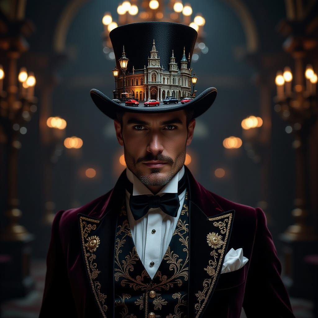 Regal Man with City Diorama Hat in Opulent Ballroom