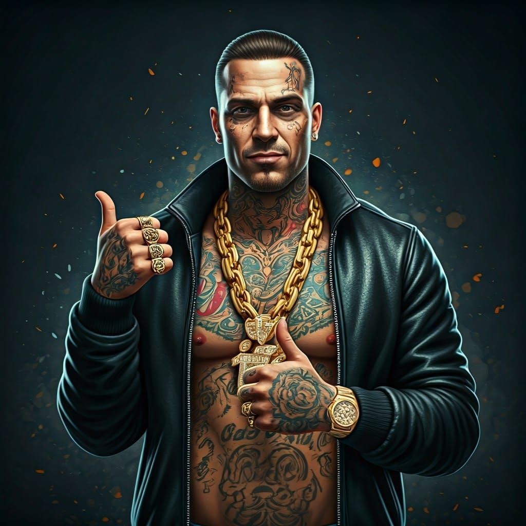 Tough Rapper with Gold Chains and Tattoos Gives a Thumbs Up...