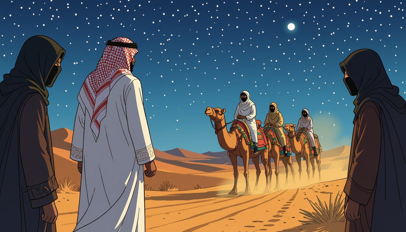 Desert Caravan Encounter in Cartoon Style