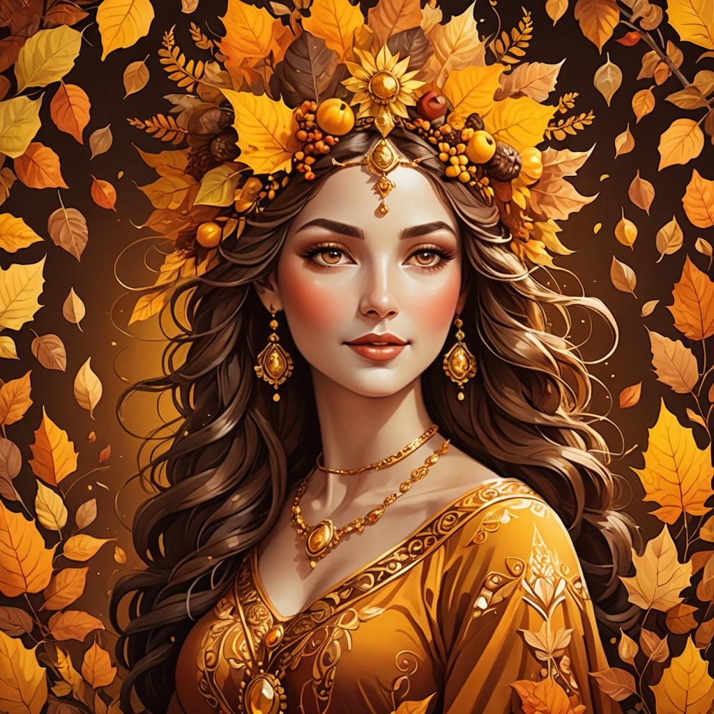 Radiant Autumn Goddess in Golden Light
