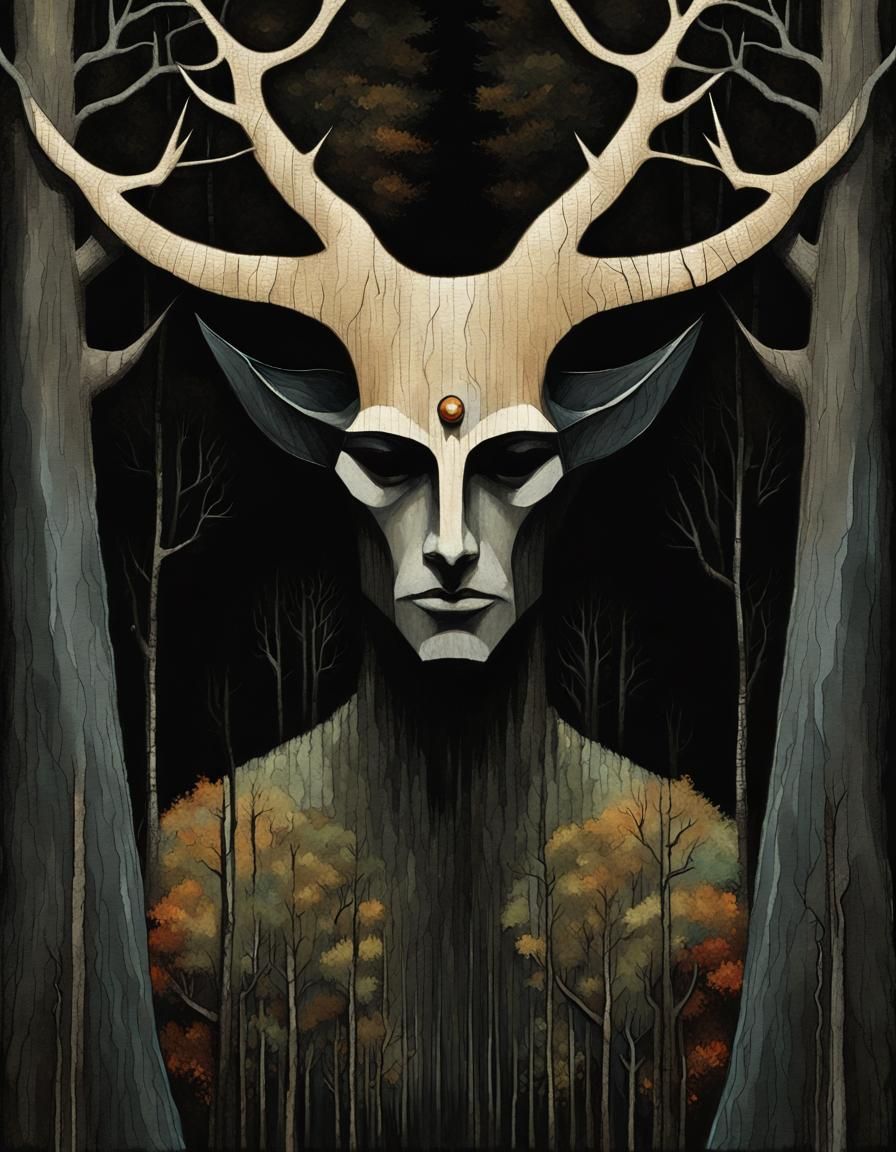 Horned Forest God Portrait in Surrealist Style